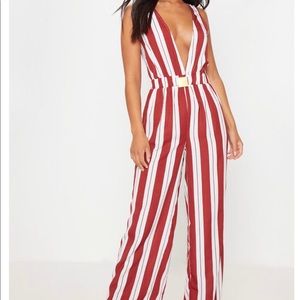 Rust stripe buckle belt detail jumpsuit
